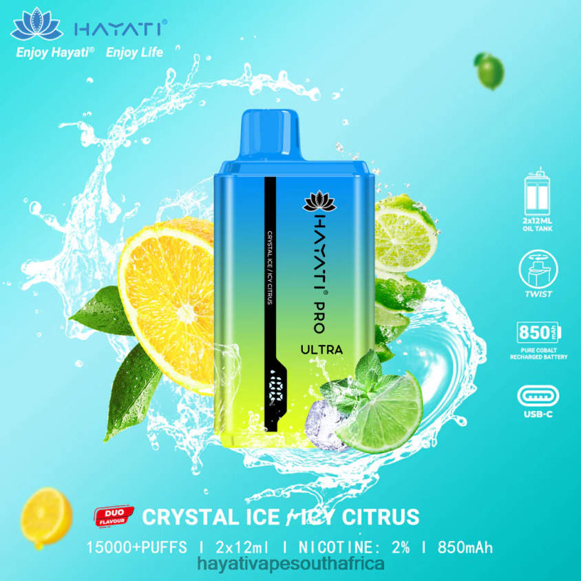 Hayati Vape Shop - Hayati Pro Ultra Disposable 15000 Puffs Crystal Ice/Icy Citrus 46222V218